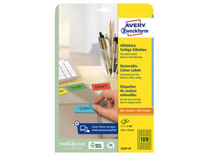 Avery Zweckform etikety 25.4mm x 10mm, A4, žluté, 189 etiket, mini, snímatelné, baleno po 20 ks, L6037-20, pro laserové a inkousto