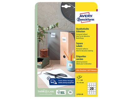 Avery Zweckform etikety 45mm x 45mm, A4, bílé, 20 etiket, pro umístění QR kódů, baleno po 25 ks, L7121-25, pro laserové a inkousto