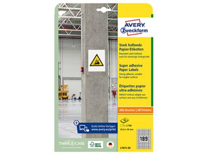 Avery Zweckform etikety 25.4mm x 10mm, A4, bílé, 189 etiket, s vysokou lepivostí, baleno po 20 ks, L7871-20, pro laserové a inkous