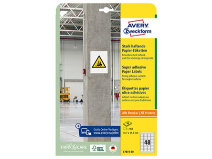 Avery Zweckform etikety 45.7mm x 21.2mm, A4, bílé, 48 etiket, s vysokou lepivostí, baleno po 20 ks, L7873-20, pro laserové a inkou