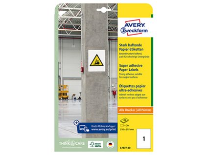 Avery Zweckform etikety 210mm x 297mm, A4, bílé, 1 etiketa, s vysokou lepivostí, baleno po 20 ks, L7877-20, pro laserové a inkoust