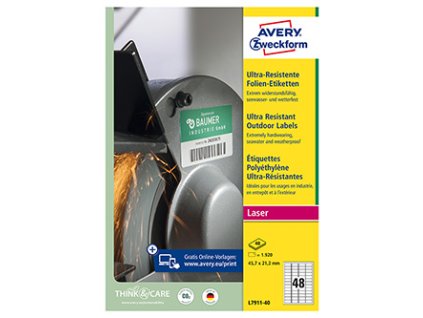 Avery Zweckform etikety 45.7mm x 21.2mm, A4, bílé, 48 etiket, velmi odolné, baleno po 40 ks, L7911-40, pro laserové tiskárny a kop