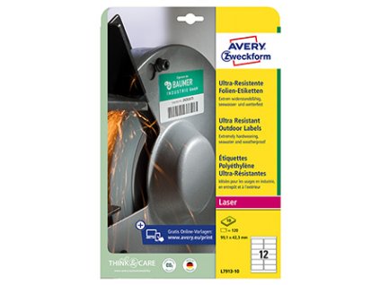 Avery Zweckform etikety 99.1mm x 42.3mm, A4, bílé, 12 etiket, velmi odolné, baleno po 10 ks, L7913-10, pro laserové tiskárny a kop