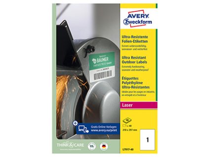 Avery Zweckform etikety 210mm x 297mm, A4, matné, bílé, 1 etiketa, ultra odolné, baleno po 40 ks, L7917-40, pro laserové tiskárny
