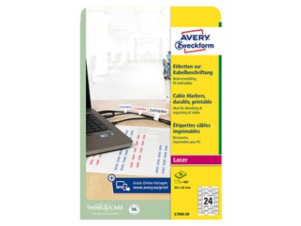 Avery Zweckform etikety 60mm x 40mm, A4, bílé, 24 etiket, na kabely, baleno po 20 ks, L7950-20, pro laserové tiskárny a kopírky