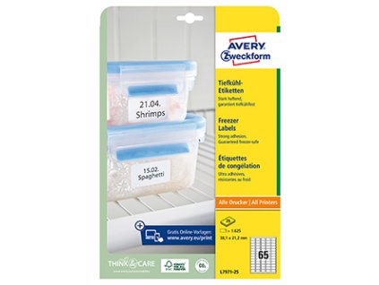 Avery Zweckform etikety 38.1mm x 21.2mm, A4, bílé, 65 etiket, do mrazících boxů, baleno po 25 ks, L7971-25, pro laserové a inkoust