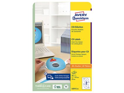 Avery Zweckform etikety na CD 117/41mm, A4, matné, bílé, 2 etikety, baleno po 25 ks, L6015-25, pro laserové a inkoustové tiskárny,