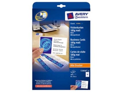 Avery Zweckform vizitky, s hladkým okrajem, 10ks/A4 typ matné, bílé, A4, 185 g/m2, 85x54mm, 10 listů, pro inkoustové a laserové ti