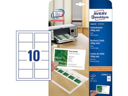 Avery Zweckform vizitky, matné, bílé, A4, 200 g/m2, 85x54mm, 25 listů, pro laserové a inkoustové tiskárny, O