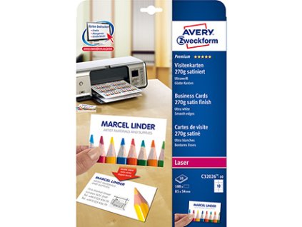 Avery Zweckform vizitky, s hladkým okrajem, 10ks/A4 typ matné, bílé, A4, 270 g/m2, 85x54mm, 10 listů, pro inkoustové a laserové ti