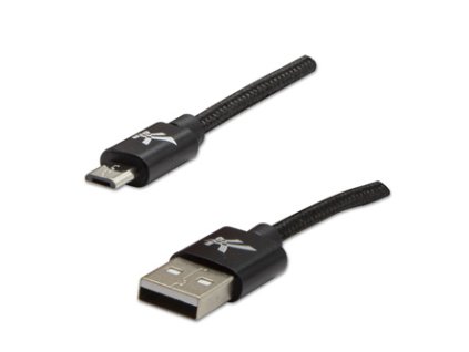 Logo USB kabel (2.0), USB A samec - microUSB samec, 1m, 480 Mb/s, 5V/2A, černý, box, nylonové opletení, hliníkový kryt konektoru