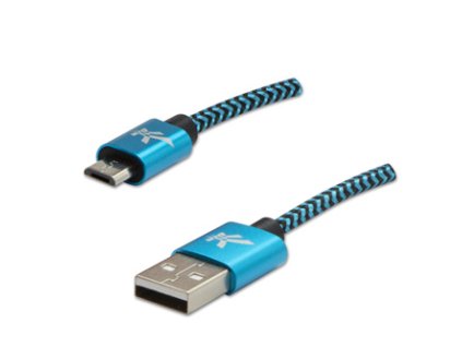 Logo USB kabel (2.0), USB A samec - microUSB samec, 1m, 480 Mb/s, 5V/2A, modrý, box, nylonové opletení, hliníkový kryt konektoru