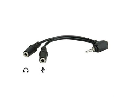 Audio redukce, Jack (3.5mm) samec 4-pólový - 2x Jack (3.5mm) samice, 90°, 0.2 m, stereo, černá, Logo blistr