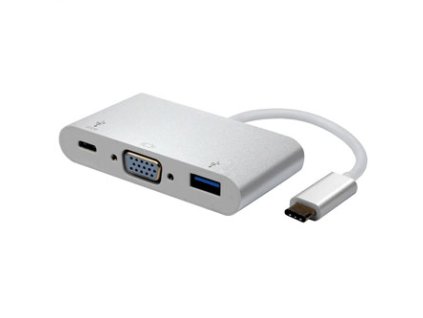 USB/Video převodník + HUB, DP Alt Mode, USB C samec - VGA (D-sub) samice + USB C samice (PD) + USB A sam, stříbrný, plastic bag 19