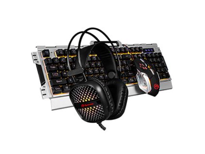 Marvo CM303, sada klávesnice s herní myší a sluchátky, US, herní, membránová typ drátová (USB), černo-stříbrná, podsvícená