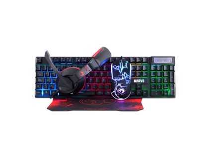 Marvo CM409 EN, sada klávesnice s herní myší, podložkou a sluchátky, US, herní, membránová typ drátová (USB), černá, podsvícená