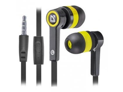 Defender Pulse 420, sluchátka s mikrofonem, bez ovládání hlasitosti, černo-žlutá, špuntová, 3.5 mm jack