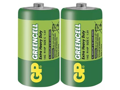 Baterie zinkochloridová, malý monočlánek, C, 1.5V, GP, fólie, 2-pack, Greencell