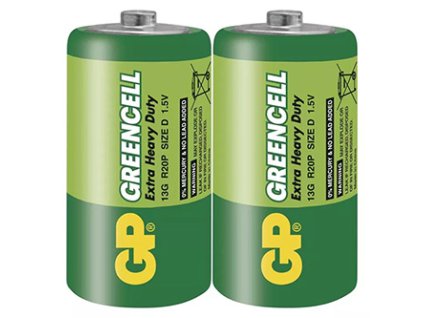 Baterie zinkochloridová, velký monočlánek, D, 1.5V, GP, fólie, 2-pack, Greencell