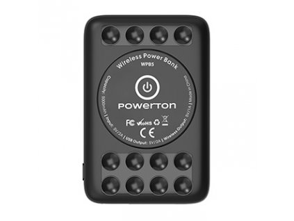 Powerton, power banka s bezdrátovým nabíjením, Li-Pol, 5V, nabíjení telefonů/tabletů, WBP5, 5000mAh, přísavky pro přilnutí k telef