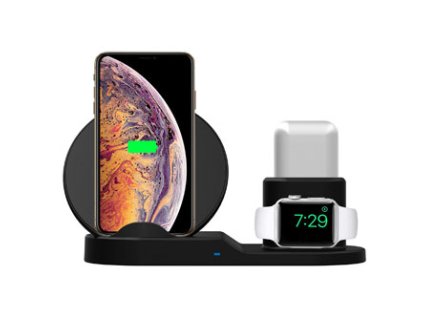 3v1 bezdrátová nabíječka, pro telefon, Apple Watch a Airpods, černá, 5/9V, 15W, Qi