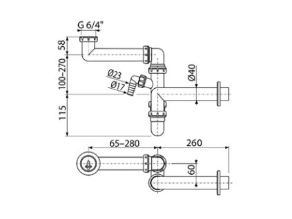 Alcadrain sifon plast dřezový, 40 mm, 65-280mm, bílý, sifon s přípojkou a převlečnou maticí 6/4"