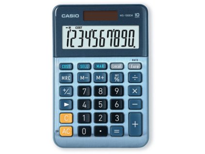 Casio kalkulačka MS 100 EM, modrá, stolní s převodem měn, výpočtem DPH
