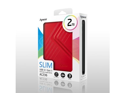 Apacer externí pevný disk, AC236, 2.5", USB 3.0 (3.2 Gen 1), 2TB, AP2TBAC236R-1, červený
