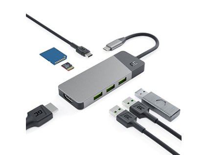 USB (3.1) hub 7-port, HUBGC01, šedý, délka kabelu 15cm, Green Cell, 3xUSB-A,1xUSB-C, 1xHDMI, 1xSD,1xmicroSD,podpora 4K