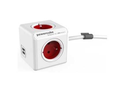 Síťový kabel 230V prodlužovací, CEE7 (vidlice) - POWERCUBE, 1.5m, EXTENDED USB, červený, POWERCUBE, 4 zásuvky, 2xUSB port,dětská p