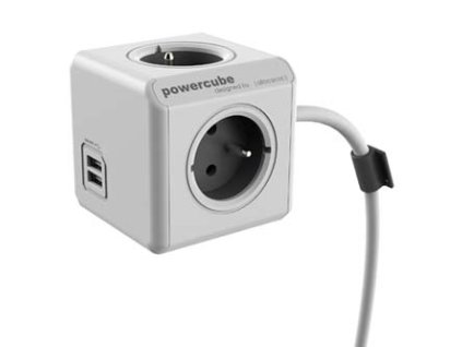 Síťový kabel 230V prodlužovací, CEE7 (vidlice) - POWERCUBE, 1.5m, EXTENDED USB, šedý, POWERCUBE, 2x USB port, 4 zásuvky, dětské po