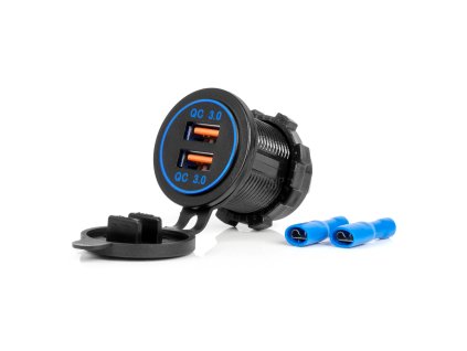Vodotěsná nabíječka s MODRÝM LED podsvícením 2xUSB QC3.0 12/24V