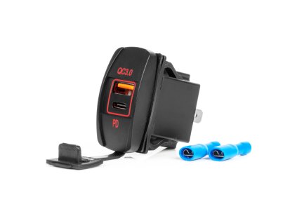 Vodotěsná nabíječka na telefon ve tvaru lodi s ČERVENÝM LED podsvícením USB + USB C QC3.0 12/24V