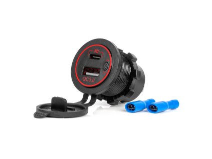 Vodotěsná nabíječka telefonu s RED LED podsvícením 2xUSB QC3.0 12/24V