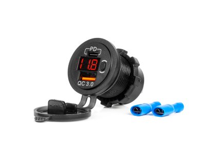 Vodotěsná nabíječka se spínačem, digitálním voltometrem ČERVENÝ LED indikátor USB + USB C QC3.0 12/24V