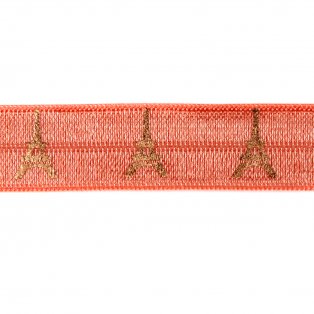 Elastická stuha - broskvová - Eiffelova věž - 1,5 cm - 30 cm - 1 ks