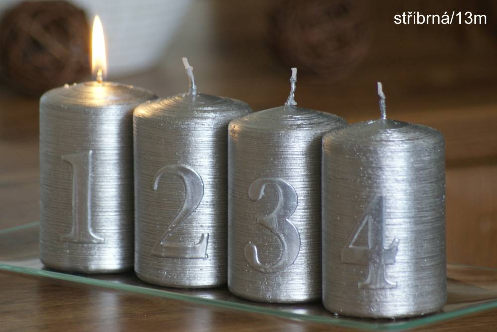Adventní sada svíček s čísly "Alfa" Stříbrná - 4 ks
