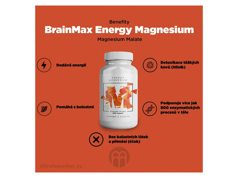 BrainMax Energy Magnesium 1000 mg, Hořčík malát, 200 kapslí (obrázek 3)
