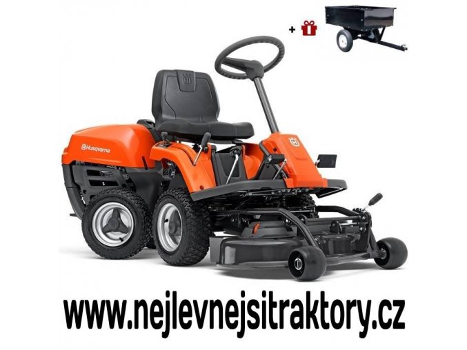 zahradní traktor, rider husqvarna r 112c oranžovo-černé barvy s předním sečením a velkými koly