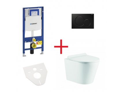 WC set OVALE BASSO RIMLESS: závěsné WC se sedátkem, duofix, podložka, tlačítko černé, OLKLT053ER006