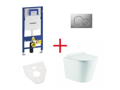 WC set OVALE BASSO RIMLESS: závěsné WC se sedátkem, duofix, podložka, tlačítko chrom mat, OLKLT053ER008