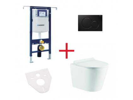 WC set OVALE BASSO RIMLESS: závěsné WC se sedátkem, duofix special, podložka, tlačítko černé, OLKLT053ER010