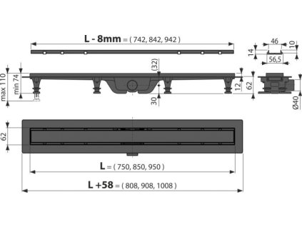 ALCA Podlahový žlab s okraje m pro oboustranný rošt, černá-mat APZ19BLACK-750