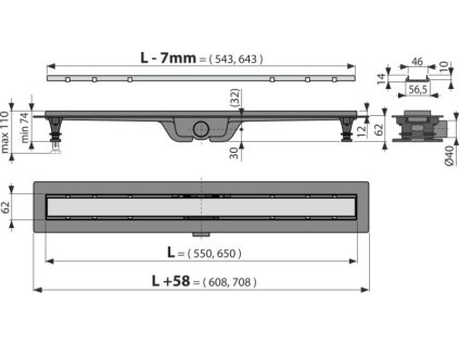 ALCA Podlahový žlab s okraje m pro oboustranný rošt APZ19-550