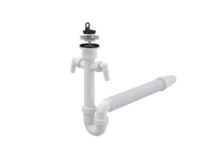 ALCA Sifon trubkový dřezový DN 50/40 s nerezovou mřížkou Ø 70 mm, dvěma přípojkami Ø 17–23 mm a flexi hadicí, pryžová zátka A840-DN50/40