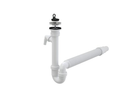 ALCA Sifon trubkový dřezový DN 50/40 přípojkou Ø 17–23 mm a nerezovou mřížkou Ø 70 mm a flexi hadicí, pryžová zátka A830-DN50/40