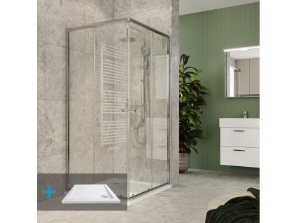Mereo Kora Lite sprchový set: sprchový kout 90x90x185 cm, chrom ALU, sklo čiré, 90 cm, vanička, sifon CK34123ZN