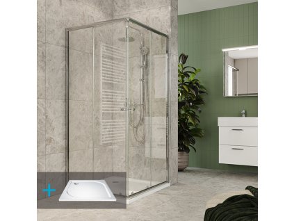 Mereo Kora Lite sprchový set: sprchový kout 90x90x185cm, chrom ALU, sklo čiré, 90 cm, vanička, sifon CK34123ZM