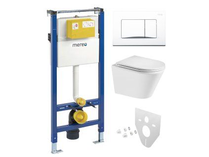 Mereo WC set - Smart flush rimless WC oblé, modul pro sádrokarton, bílé hranaté tlačítko MM02NSETRT520