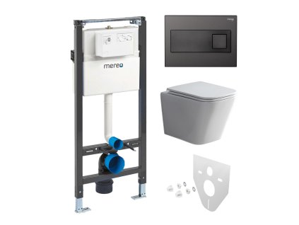 Mereo WC set - Smart flush rimless WC hranaté, modul pro sádrokarton, černé hranaté tlačítko MM02NSETRT331